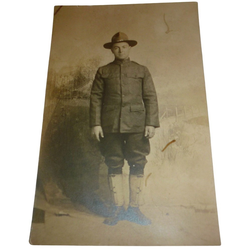 Antique WWI‎ Real Photo Postcard Soldier Portrait Leggings Campaign Hat AZO